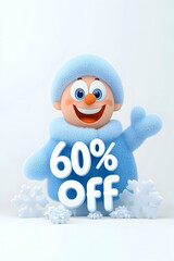 Cartoon winter character promoting a 60% discount