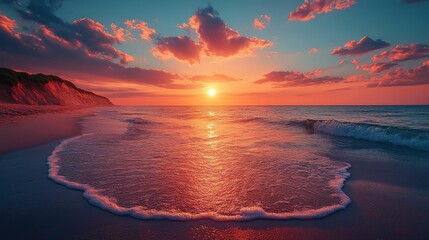 Serene sunset ocean beach scene, fiery sky, gentle waves.