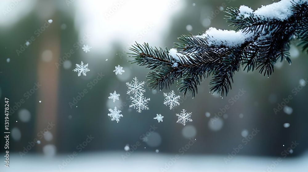 Poster close up of snowflakes falling on a snow covered pine tree branch in a winter forest with a blurred 