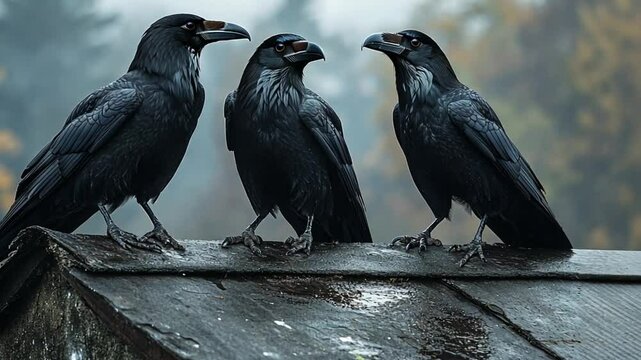Eerie atmosphere three ravens perched atop a weathered rooftop an ominous feeling foggy background footage