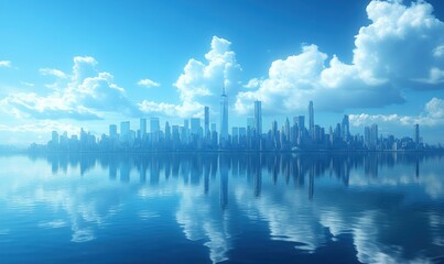 Fototapeta premium City skyline reflected in calm blue water