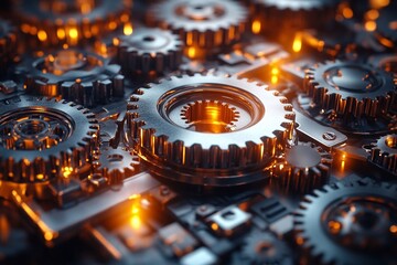 Intricate arrangement of metallic gears glistening with warm light in a mechanical setting