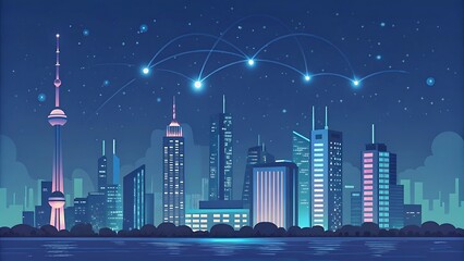 Obraz premium Futuristic Cityscape at Night with Glowing Connections: An Abstract Digital Illustration of Urban Connectivity and Modern Architecture.