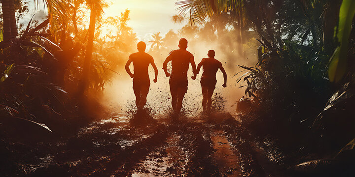 Wild Jungle Adventure Obstacle Course Race with Muddy Challenges for Extreme Sports, Team-Building, or Outdoor Endurance Events