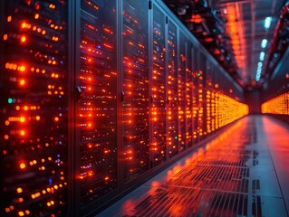 Fototapeta premium Glowing server racks illuminate data center corridor