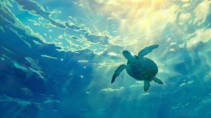 Fototapeta premium A vibrant scene of a sea turtle gliding beneath translucent waves, sunlight filtering through