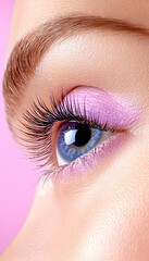 Close-up of a woman's eye with glamorous makeup.  Pink eyeshadow, false eyelashes, and blue eyes