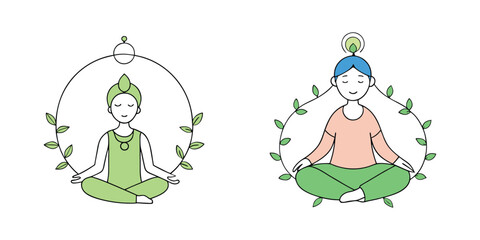 A set of a meditative figure in lotus pose with vines forming a circular halo