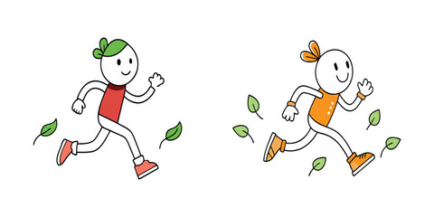 A set of a running figure with a trail of leaves following their motion