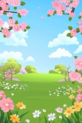 Blooming spring landscape with vibrant flowers and lush greenery