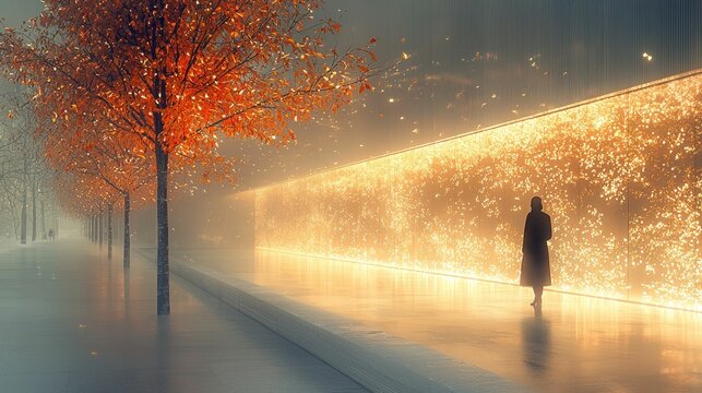 Solitary figure admires glowing autumnal wall.
