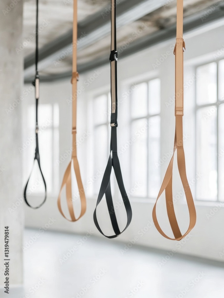 Poster minimal fitness straps hang from the ceiling in a bright space highlighting geometric balance and si