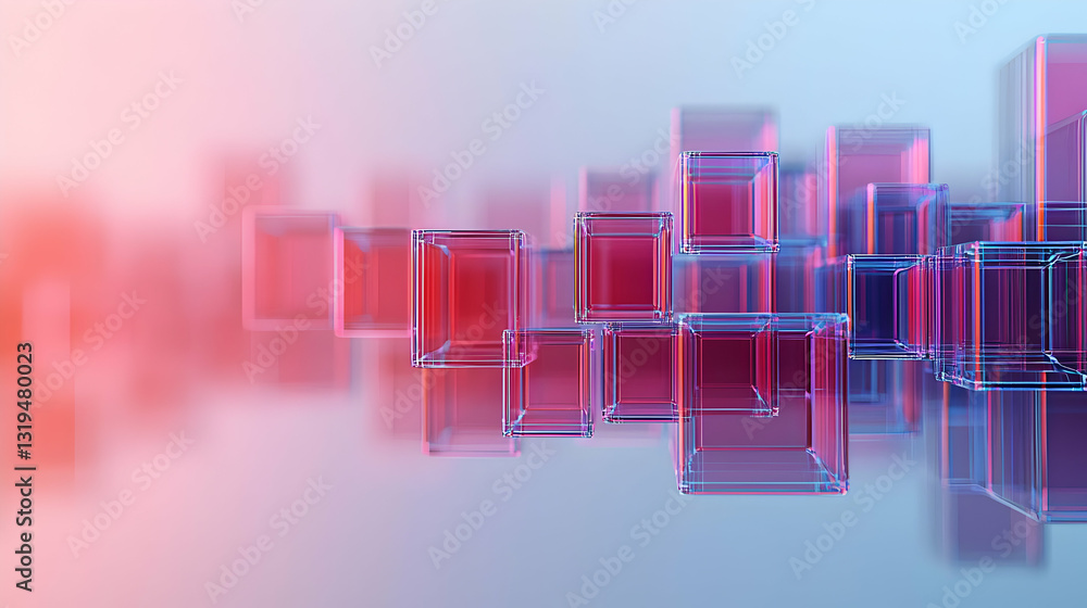 Poster 3d render of transparent pink and blue cubes in abstract formation on gradient background