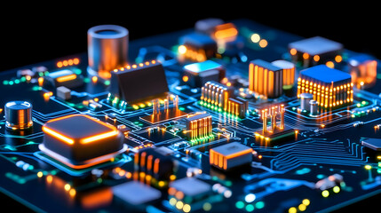 Obraz premium Close-up view of complex circuit board with glowing components