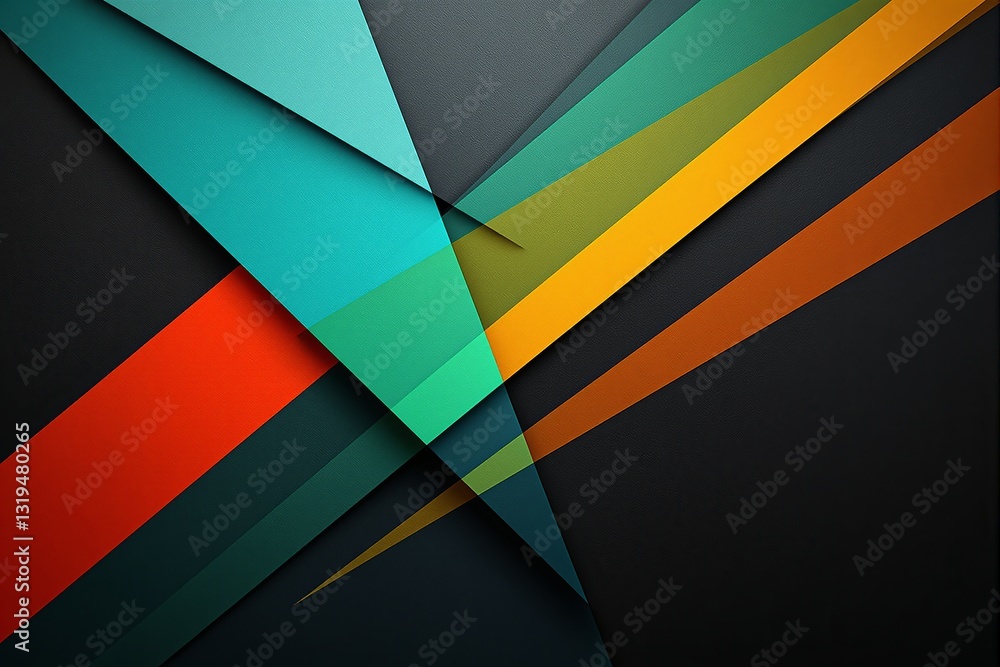 Poster abstract creative background with layered geometric shapes in vibrant colors on a dark textured surf