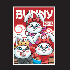 Vector Illustration of Bunny Ninja with Cute Illustration Available for Poster