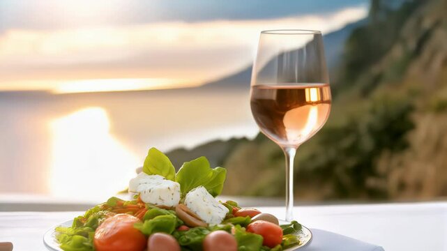 Mediterranean lunch with rose wine and feta salad with tomatoes against blue sea background at sunset