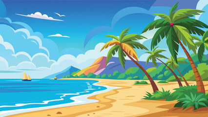 Obraz premium Serene Tropical Beach Scene Palm Trees Swaying Gently on Sandy Shore Near Calm Ocean Under Blue Sky