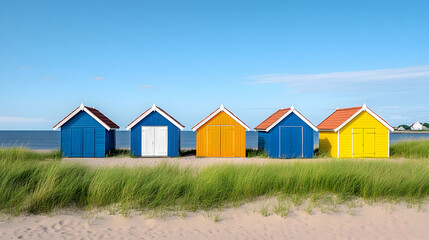 Colorful beach huts line a sandy shore
