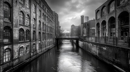 Naklejka premium Panoramic View of Castlefield in Manchester, UK: A Scenic Blend of River, Canal, and Iconic Architecture
