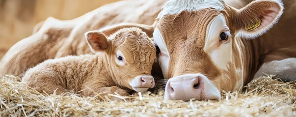 A mother cow lies beside her baby calf on straw bedding