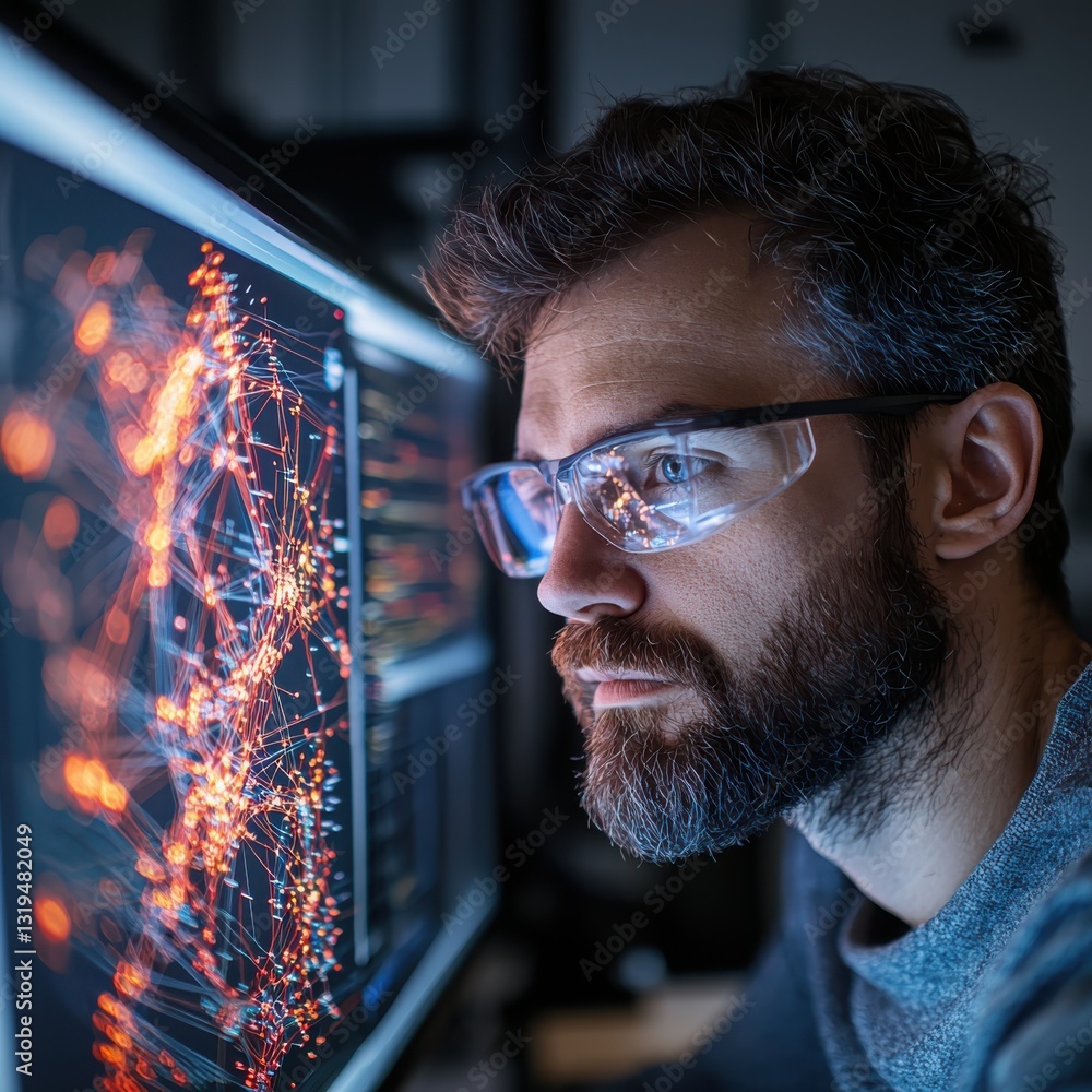 Poster mathematician analyzing multivariate signal processing graphs in a laboratory under bright fluoresce