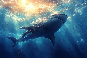 Fototapeta premium Majestic shark gliding through tranquil ocean depths with rays of sunlight