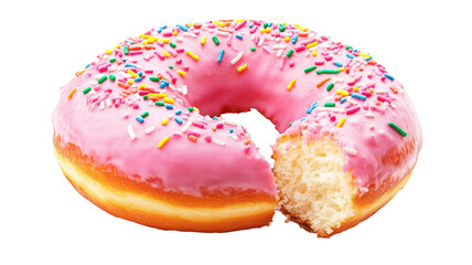 baked donut with pink frosting and colorful sprinkles isolated on transparent background
