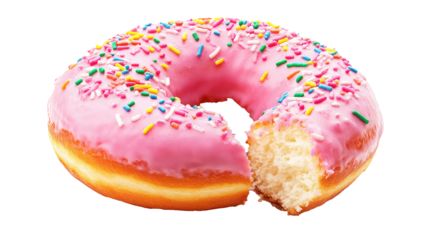 baked donut with pink frosting and colorful sprinkles isolated on transparent background