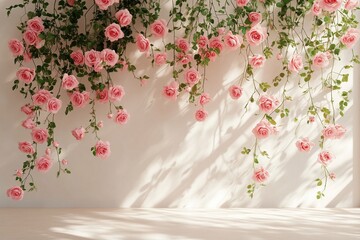 Soft pink roses create a serene backdrop with gentle shadows and greenery hanging down