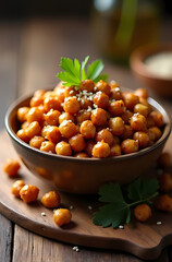Roasted Chickpeas Bowl: Healthy Vegan Snack with Olive Oil & Fresh Parsley - Protein-Rich and Gluten-Free Appetizer on Wooden Board