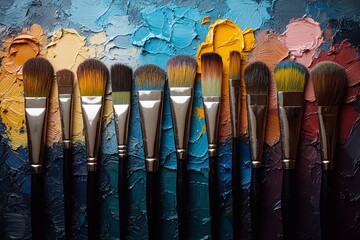 Colorful arrangement of paintbrushes on a textured palette with vibrant strokes of paint