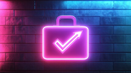Neon briefcase icon on brick wall, glowing, business concept, possible use digital marketing, design