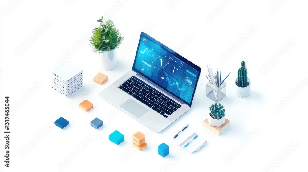Poster data-driven analysis by a programmer using laptop in warm office lighting top view digital workspace