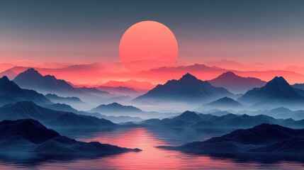 Fototapeta premium Sunrise over mountains, golden light, misty peaks, concept of tranquility, adventure, nature exploration