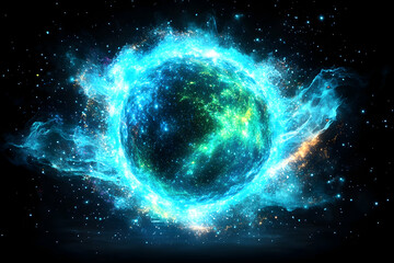 Obraz premium Glowing sphere enveloped in vibrant swirling nebula Cosmic energy pulses with teal green hues