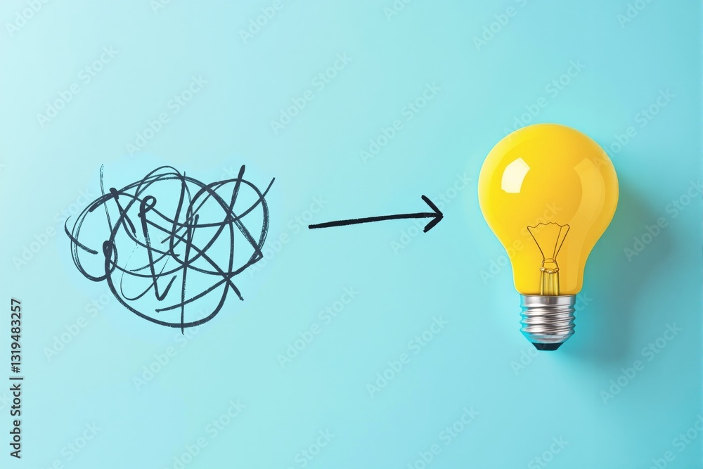 Poster chaotic scribble transforming into a yellow light bulb with an arrow between them on a blue backgrou