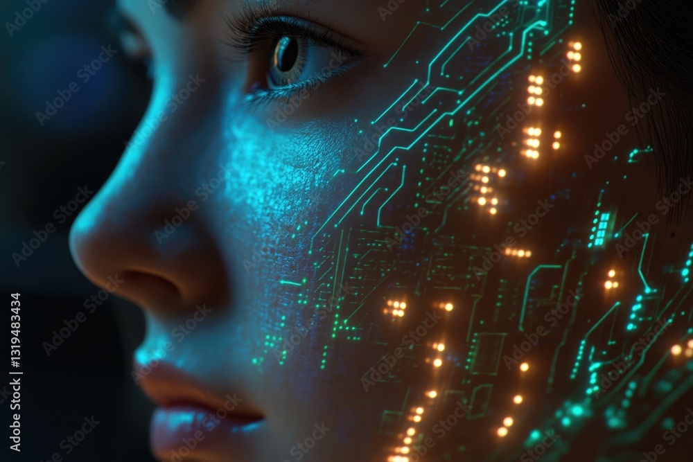 Aufkleber a close-up of a woman's face, illuminated with glowing circuit board patterns, representing technolo