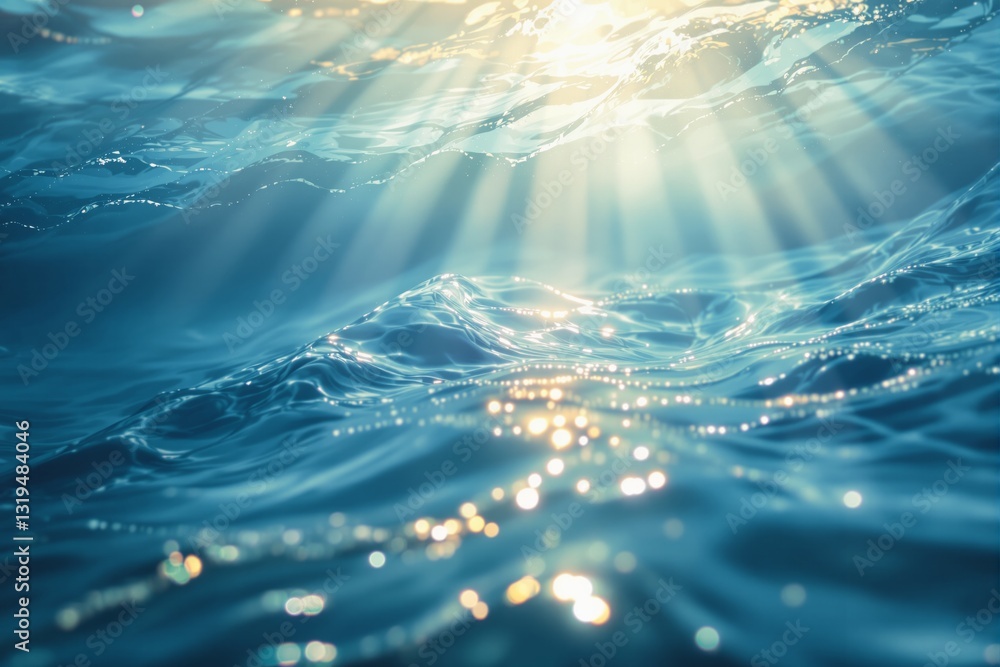 Poster sunlight beams through clear ocean waves, creating a serene and sparkling water surface with a dream
