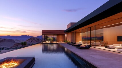 Fototapeta premium High-End, Serene,Breathtaking concept Modern luxury home with an infinity pool and stunning sunset views over the mountains.