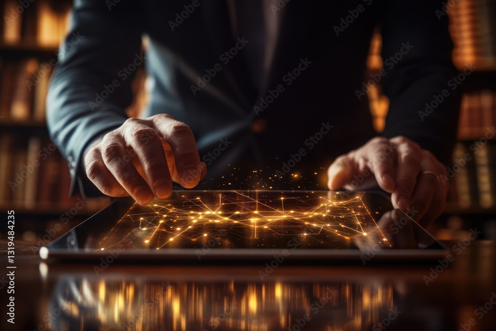 Poster a businessman interacts with a glowing network visualization on a tablet, representing global connec