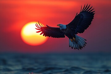Obraz premium Eagle soaring against a vibrant sunset with golden hues lighting the sky