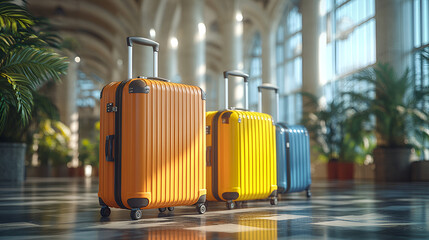 Airport terminal with colorful luggage, travel bags, modern departure lounge, holiday vibe