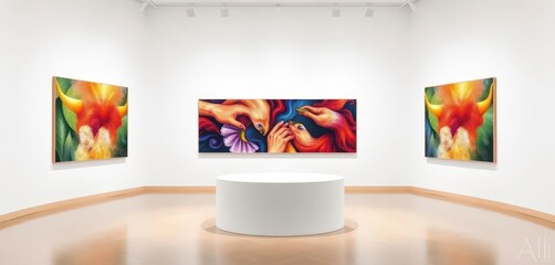 Empty pedestal on a white gallery wall, ready for display, aesthetic, modern
