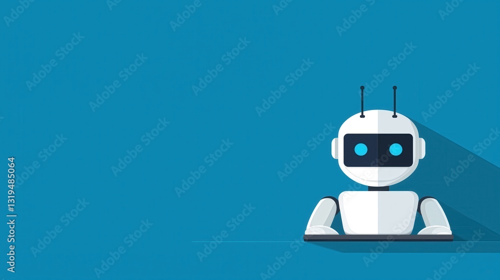 Poster intelligent robotic character with simple design and flat illustration style against a blue backgrou