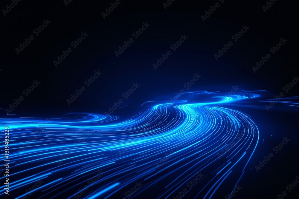 Poster abstract flowing blue light trails in motion on a dark background. futuristic digital wave concept r
