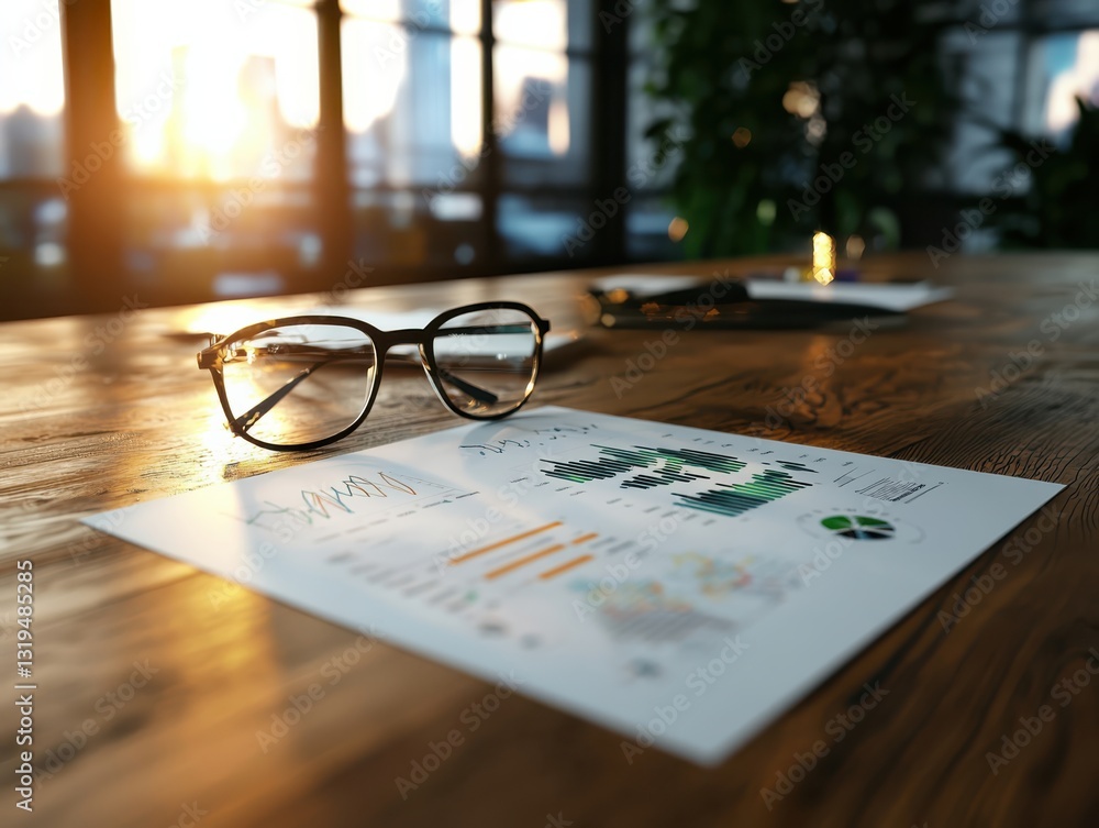 Poster data visualization insights from colorful graphs on a desk in a softly lit office environment