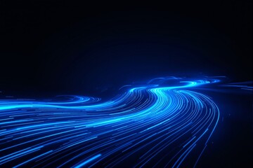 Abstract flowing blue light trails in motion on a dark background. Futuristic digital wave concept representing speed, technology, and data flow. Ai generative