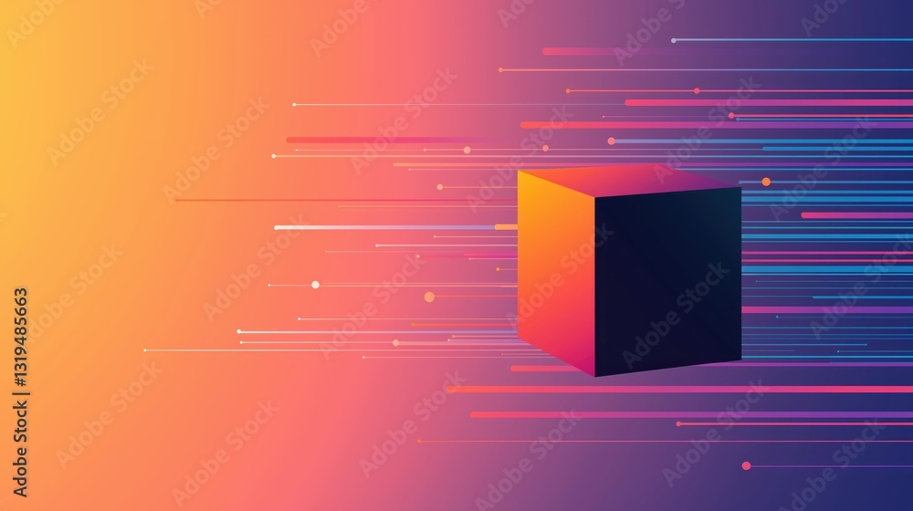 Poster vibrant flat design illustration of a secure quantum cube with dynamic motion lines on colorful back