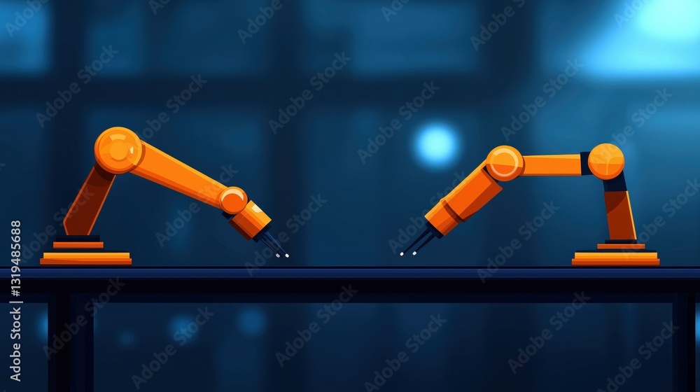 Poster flat design illustration of two ai-driven robotics arms working together on a table
